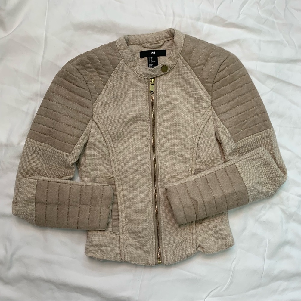 H&M Women Size 2 Beige Knit Fitted Moto Jacket
